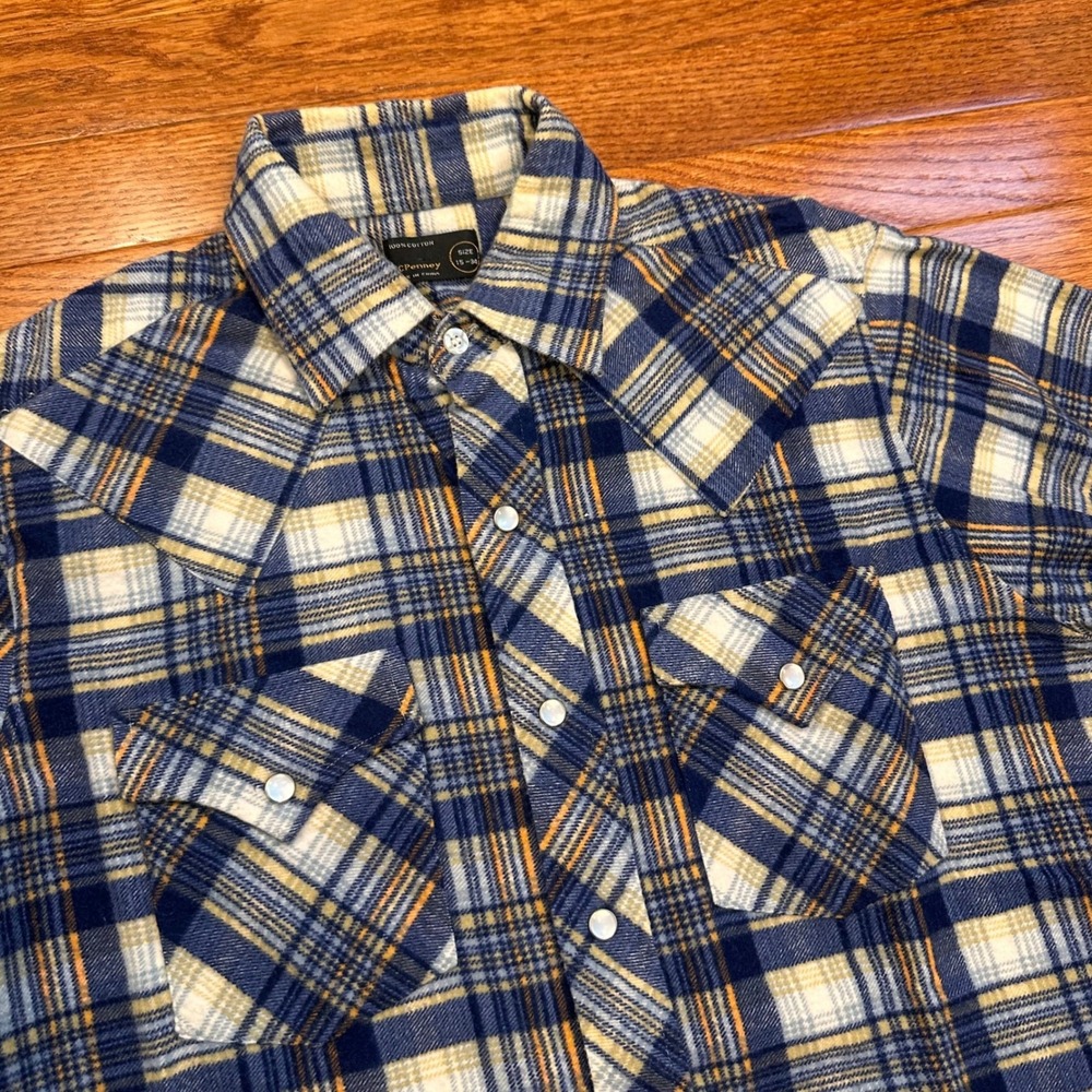 Vintage JC Penney Western Pearl Snap Flannel Shirt Mens‎ 15-34 Blue Plaid Yoke